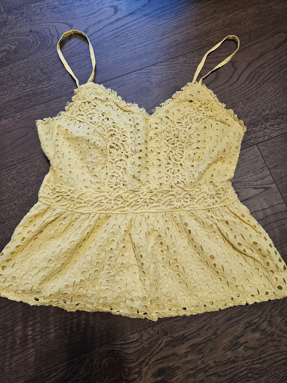 Sleeveless Yellow Eyelet crochet  Peplum Cami